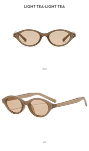 Front and side views of vintage oval light tea sunglasses with metal rivet accents