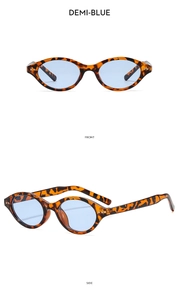 Detail view of Demi-Blue vintage cat-eye sunglasses with front and side profile perspectives
