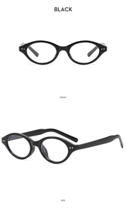 Front and side view of vintage black oval frame sunglasses for women with a sleek design