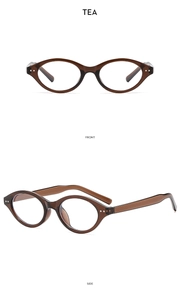 Detailed front and side view of tea-colored vintage oval sunglasses frames for women