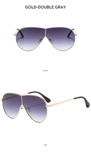 Détail de lunettes aviateur dorées avec plaquettes réglables et verres dégradés violets
