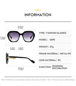 Detailed size guide for fashion color-block sunglasses with frame and lens measurements