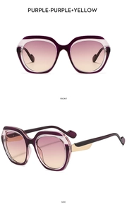Close-up of stylish purple gradient sunglasses showing front and side views with gold metal hardware