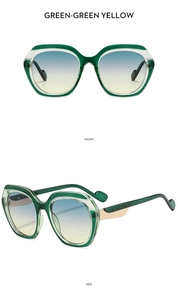 Front and side views of oversized green two-tone sunglasses with gradient lenses
