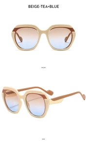 Front and side view of beige hexagonal sunglasses with tea-blue gradient lenses