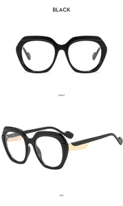 Front and side views of stylish black oversized polygon sunglasses with gold metal hinges