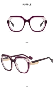 Purple geometric sunglasses showing front and side views with golden metal temples