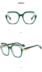 Front and side views of fashionable green two-tone eyeglass frames with gold accents