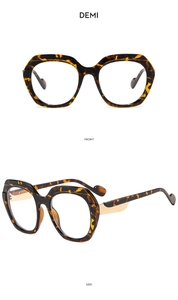Front and side views of demi tortoise shell geometric glasses frames with gold accents