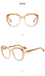Front and side view of dual-tone beige and brown oversized fashion eyeglass frames