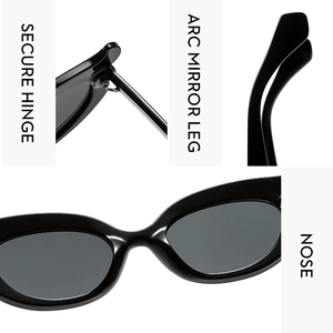 Detailed views of secure hinges, arc legs, and nose pads on trendy black cat eye sunglasses