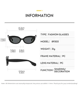 Detailed size chart for cat eye sunglasses with devil horn accents and dimensions