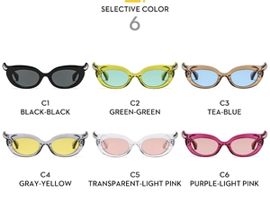Six different color options for trendy cat eye sunglasses featuring decorative rhinestones