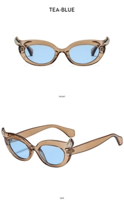 Front and side views of tea-brown cat eye sunglasses with light blue lenses and silver studs