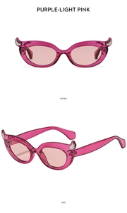 Detailed front and side views of purple cat eye sunglasses with rhinestone devil horns