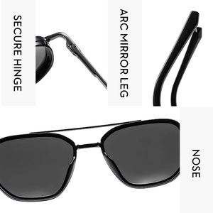 Detail of polarized sunglasses showing secure hinges, arc legs, and comfortable nose pads