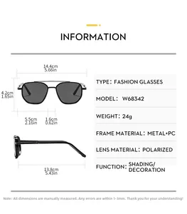 Detailed dimension guide for metal polarized sunglasses showing frame width and lens size
