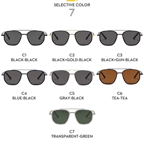 Detailed grid showing 7 colors of pilot-style double bridge metal polarized sunglasses
