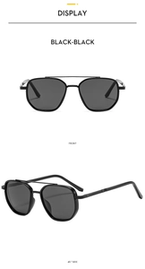 Front and 45-degree side view of matte black double-bridge aviator polarized sunglasses