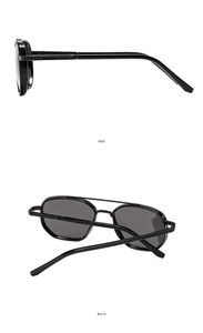 Detail view of black double-bridge polarized sunglasses showing side and back perspectives