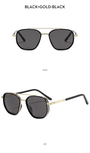 Front and side view of black and gold double bridge polarized sunglasses