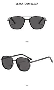 Front and side views of double-bridge polarized pilot sunglasses in gun-black metal frame