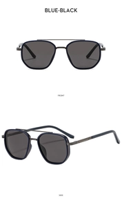 Detailed front and side views of double-bridge metal polarized sunglasses in blue-black finish
