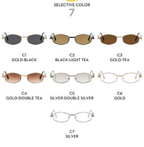 Detailed grid of polygonal metal sunglasses in seven colors with decorative temples