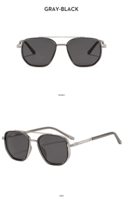 Front and side views of double-bridge polarized sunglasses with gray-black metal frames