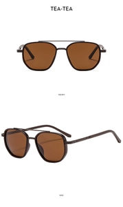 Front and side views of tea-tinted pilot sunglasses with a classic double bridge design