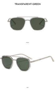Front and side views of double-bridge aviator sunglasses in transparent green frame