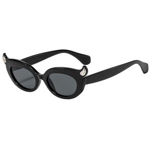 Fashionable black cat-eye sunglasses with silver rhinestones and dark grey lenses for women