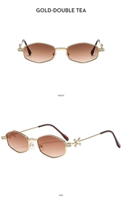 Front and side view of gold hexagonal sunglasses with gradient tea lenses and star detail