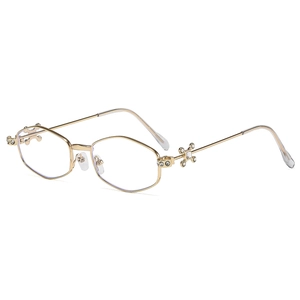 Fashionable golden polygon metal sunglasses with crystal cross decorative frame details
