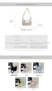 Size chart for PU leather tote bag with dimensions 33x25x11cm and five color options