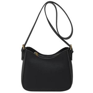 Minimalist black pebbled leather crossbody bucket bag with gold zipper hardware on white