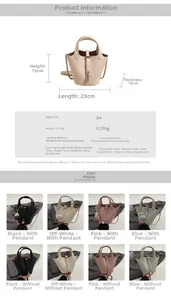 Detailed view of PU bucket bag dimensions and four available colors with chain straps