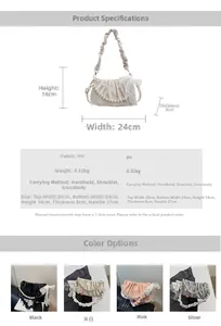 Detailed size specifications for a pleated cloud bag with pearl chain and bow