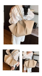 Detailed views of a beige large tote bag with knotted straps and soft leather texture