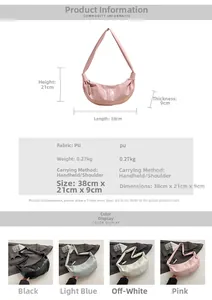 Detailed size chart and multi-color view of shiny PU leather half-moon shoulder bags