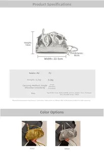 Detailed size specifications and material chart for the pleated metallic cloud bag
