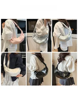 Detailed views of the soft leather crescent crossbody bag in multiple colors on a model