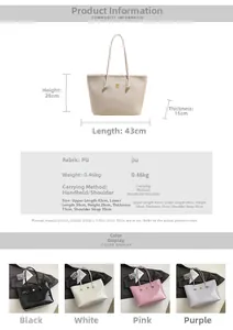 Size chart showing large capacity tote bag dimensions 43x28x15cm and four available colors