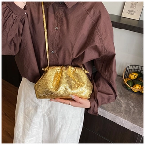 Detailed view of golden pleated cloud bag with metallic texture and thin strap