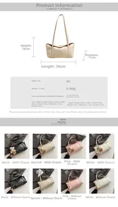 Detailed spec sheet showing a large PU leather shoulder bag sized 36x16x11cm in four colors