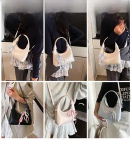 Collage of fashion half-moon PU leather handbags in four colors with pearl charms