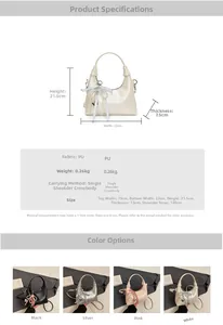 Detailed size chart and four color variations of the oil wax leather handbag with charms