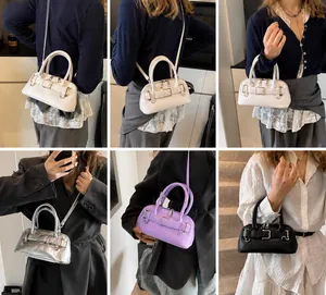 Showcase of four colors minimalist shell bag being worn as a crossbody and handbag