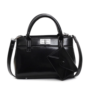 Classic black glossy faux leather handbag with silver turn-lock and small charm