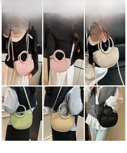 Collage of pleated crescent bags in pink, white, green, khaki, and black on models